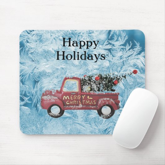rode  vrachtwagen op een blauwe sneeuwvlok muismat (Met muis)