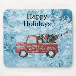 rode  vrachtwagen op een blauwe sneeuwvlok muismat
