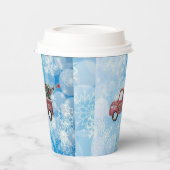 rode vrachtwagen op een blauwe sneeuwvlok papieren bekers (Links)