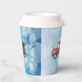 rode vrachtwagen op een blauwe sneeuwvlok papieren bekers (Rechts)