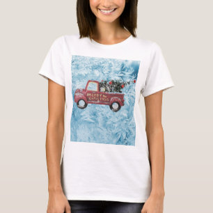 rode  vrachtwagen op een blauwe sneeuwvlok t-shirt