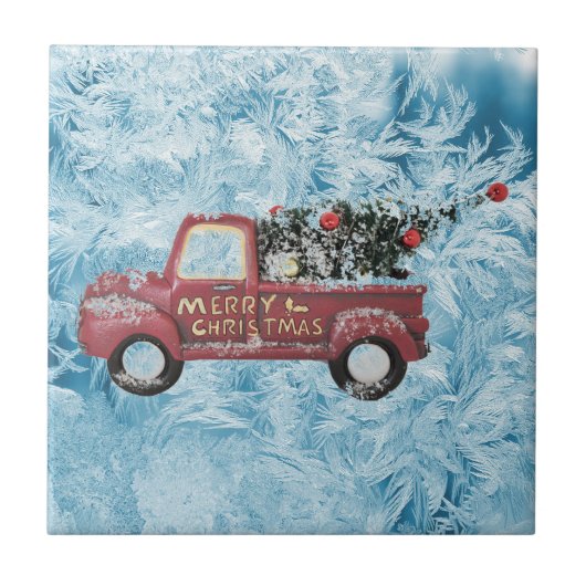 rode  vrachtwagen op een blauwe sneeuwvlok tegeltje (Voorkant)