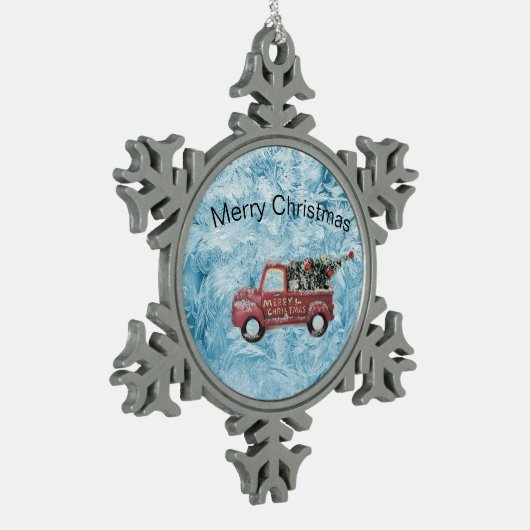 rode  vrachtwagen op een blauwe sneeuwvlok tin sneeuwvlok ornament (Links)