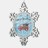 rode vrachtwagen op een blauwe sneeuwvlok tin sneeuwvlok ornament (Rechts)