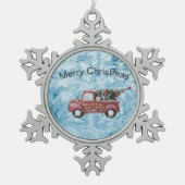 rode vrachtwagen op een blauwe sneeuwvlok tin sneeuwvlok ornament (Voorkant)