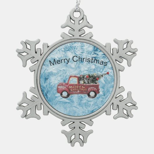 rode vrachtwagen op een blauwe sneeuwvlok tin sneeuwvlok ornament (Voorkant)
