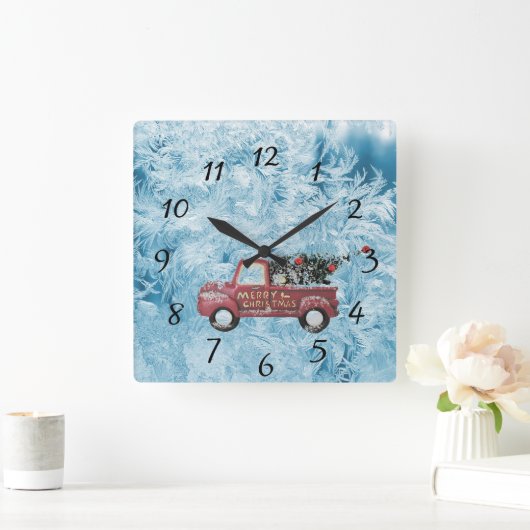 rode  vrachtwagen op een blauwe sneeuwvlok vierkante klok (Huis)