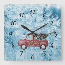 rode  vrachtwagen op een blauwe sneeuwvlok vierkante klok