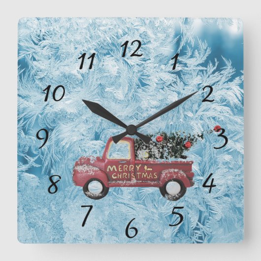 rode  vrachtwagen op een blauwe sneeuwvlok vierkante klok (Voorkant)