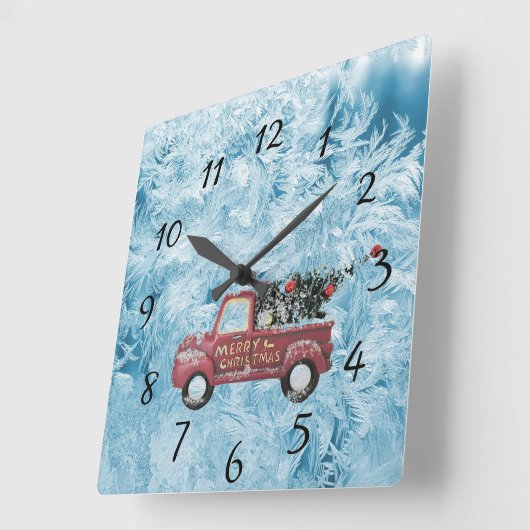 rode  vrachtwagen op een blauwe sneeuwvlok vierkante klok (Hoek)