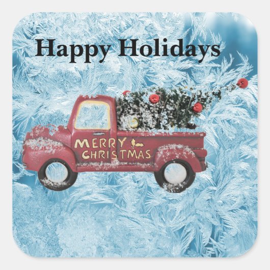 rode  vrachtwagen op een blauwe sneeuwvlok vierkante sticker (Voorkant)
