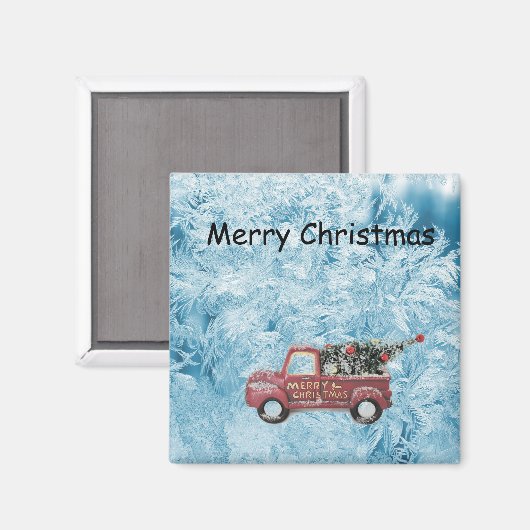 Rode  vrachtwagen op een blauwe sneeuwvlokachtergr magneet (Voorkant / Achterkant)