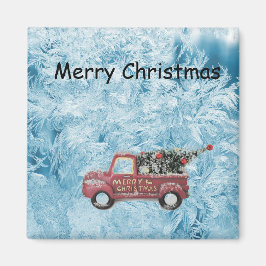 Rode  vrachtwagen op een blauwe sneeuwvlokachtergr magneet