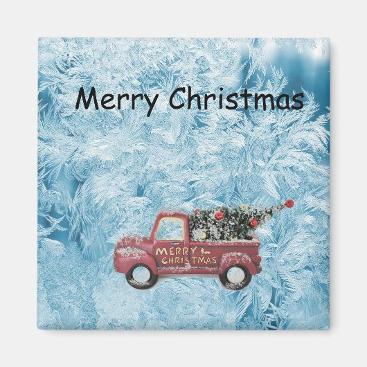 Rode  vrachtwagen op een blauwe sneeuwvlokachtergr magneet (Voorkant)