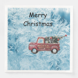 Rode  vrachtwagen op een blauwe sneeuwvlokachtergr servet