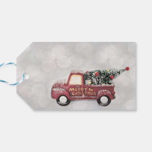 rode  vrachtwagen op een grijze achtergrond cadeaulabel (Achterkant Horizontaal)