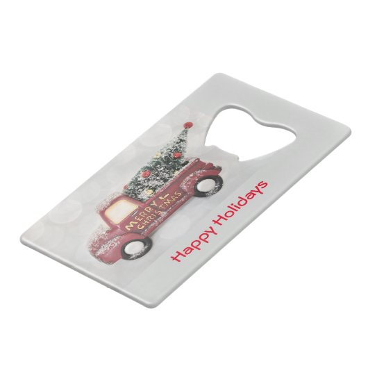 rode  vrachtwagen op een grijze achtergrond creditkaart flessenopener (Voorkant Gekanteld)