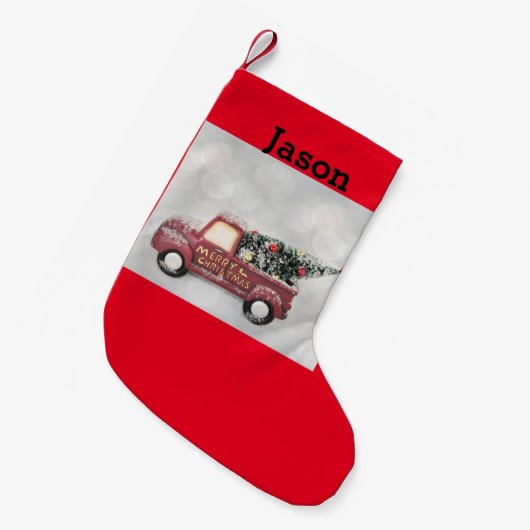 rode  vrachtwagen op een grijze achtergrond kleine kerstsok (Voorkant (Hangend))