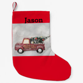 rode  vrachtwagen op een grijze achtergrond kleine kerstsok