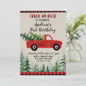 Rode vrachtwagen op verjaardagsfeestje kaart (Staand voorkant)