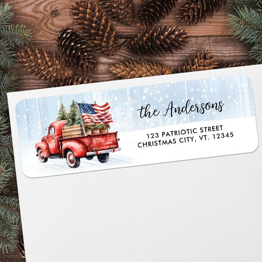  rode vrachtwagen Patriottische Vlag Kersttoespraa Etiket