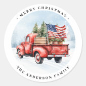  rode vrachtwagen Patriottische Vlag Vrolijk Kerst Ronde Sticker (Voorkant)