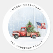  rode vrachtwagen Patriottische Vlag Vrolijk Kerst Ronde Sticker (Voorkant)