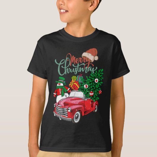 Rode Vrachtwagen Pickup Kerstboom Vrolijke Kerstmi T-shirt (Voorkant)