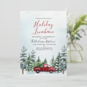 Rode Vrachtwagen Pijnbomen Kerstmis Vakantie Lunch Kaart (Staand voorkant)