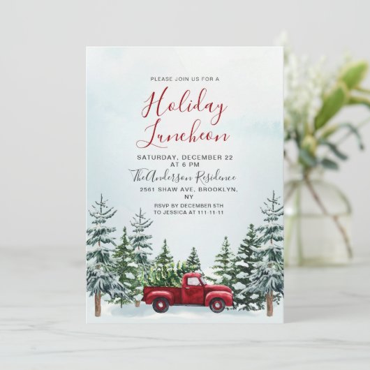 Rode Vrachtwagen Pijnbomen Kerstmis Vakantie Lunch Kaart (Staand voorkant)