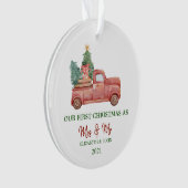 Rode vrachtwagen presenteert onze eerste kerstvaka ornament (voorkant)