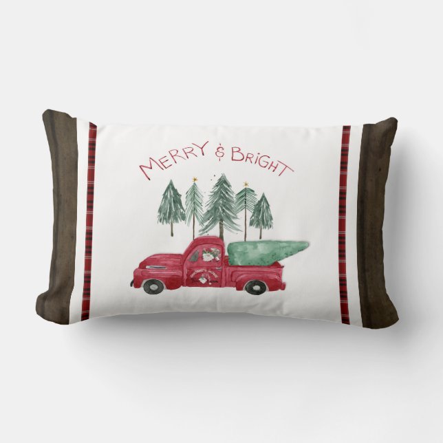 Rode Vrachtwagen Rustiek Merry Bright Plaid Gnome  Kussen (Voorkant)