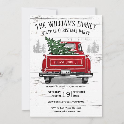  Rode Vrachtwagen Rustiek Virtueel Kerstfeest Kaart (Voorkant)