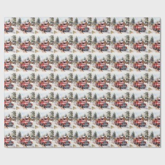  rode vrachtwagen sneeuwde kerstbomen cadeaupapier (Vlak)