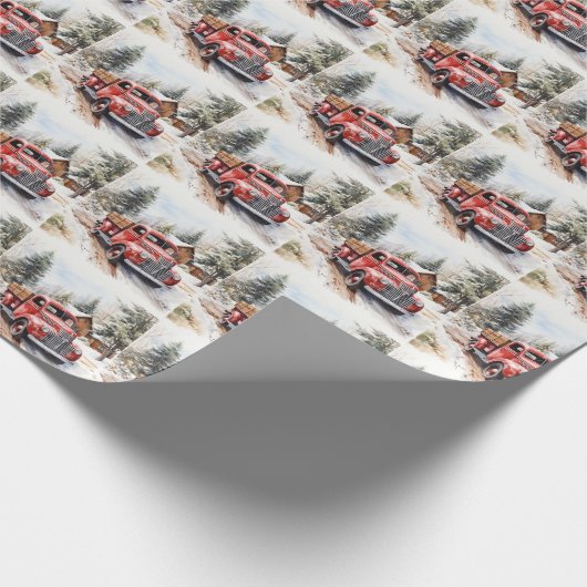  rode vrachtwagen sneeuwde kerstbomen cadeaupapier (Hoek)
