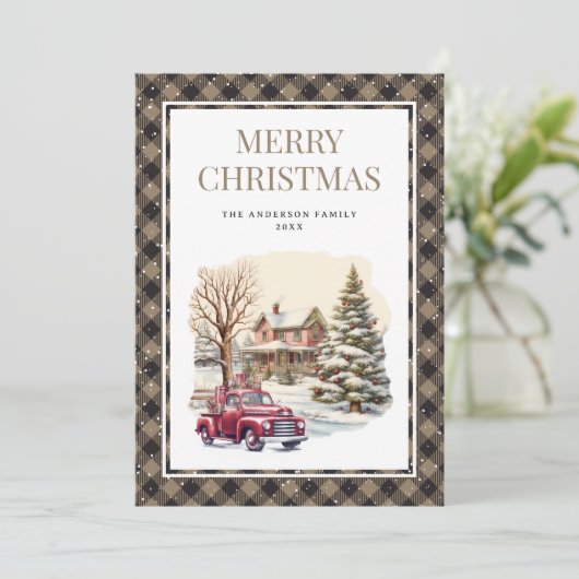  Rode Vrachtwagen Snow Plaid Vrolijke Kerst Kaart (Staand voorkant)