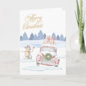 Rode Vrachtwagen vast in Sneeuw Sneeuwman Bomen Bedankkaart (Voorkant)