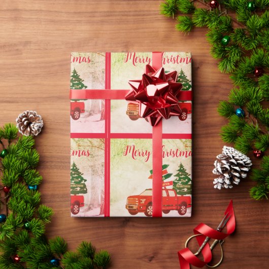 Rode Vrachtwagen Vintage Rustiek Retro Vrolijk Ker Cadeaupapier (Feestdagen Geschenken)
