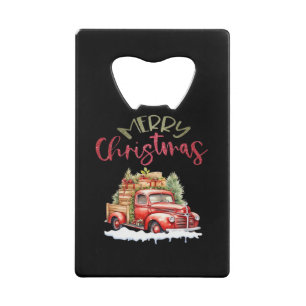 Rode vrachtwagen vrolijk kerstboom kerstman schatt creditkaart flessenopener