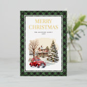 Rode vrachtwagen vrolijk kerstfeest groen buffelru folie feestdagenkaart (Staand Voorkant)