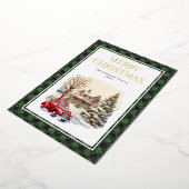 Rode vrachtwagen vrolijk kerstfeest groen buffelru folie feestdagenkaart (Gedraaid)