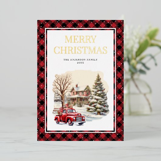 Rode Vrachtwagen Vrolijk Kerstmis Buffel Plaid Gou Folie Feestdagenkaart (Staand Voorkant)
