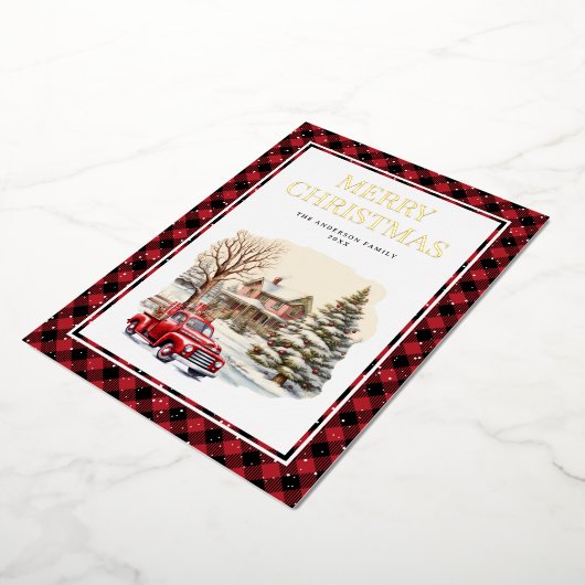 Rode Vrachtwagen Vrolijk Kerstmis Buffel Plaid Gou Folie Feestdagenkaart (Gedraaid)