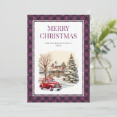 Rode Vrachtwagen Vrolijk Kerstmis Paarse Buffel Pl Feestdagenkaart (Staand voorkant)