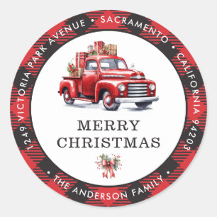 Rode Vrachtwagen Vrolijk Kerstmis Plaid Retouradre Ronde Sticker