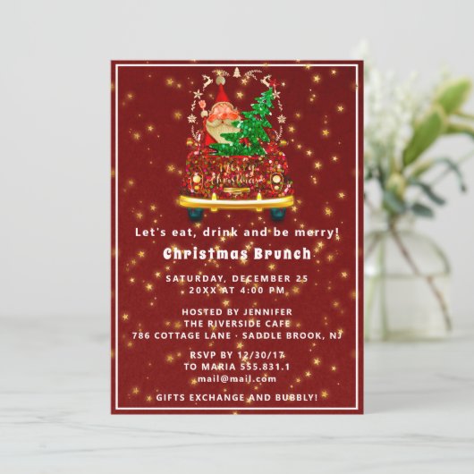 Rode Vrachtwagen Vrolijke Kerstboom Brunch Bourgon Kaart (Staand voorkant)