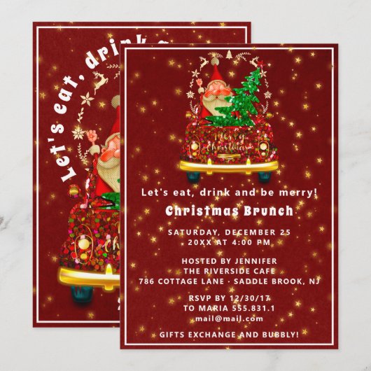 Rode Vrachtwagen Vrolijke Kerstboom Brunch Bourgon Kaart (Voorkant / Achterkant)