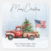  rode vrachtwagen VS Vlag Patriottische Kerst Vierkante Sticker (Voorkant)