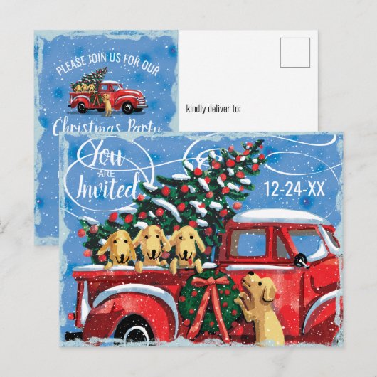  Rode Vrachtwagen w / Dogs Christmas Party Uitnodiging Briefkaart (Voorkant / Achterkant)