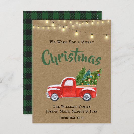  RODE VRACHTWAGEN WATERVERF RUSTIEKE KERSTHOL FEESTDAGENKAART (Voorkant / Achterkant)